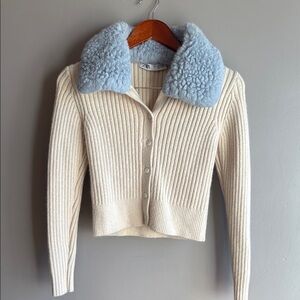 Zara Women's Cream Jacket with blue faux fur collar size small